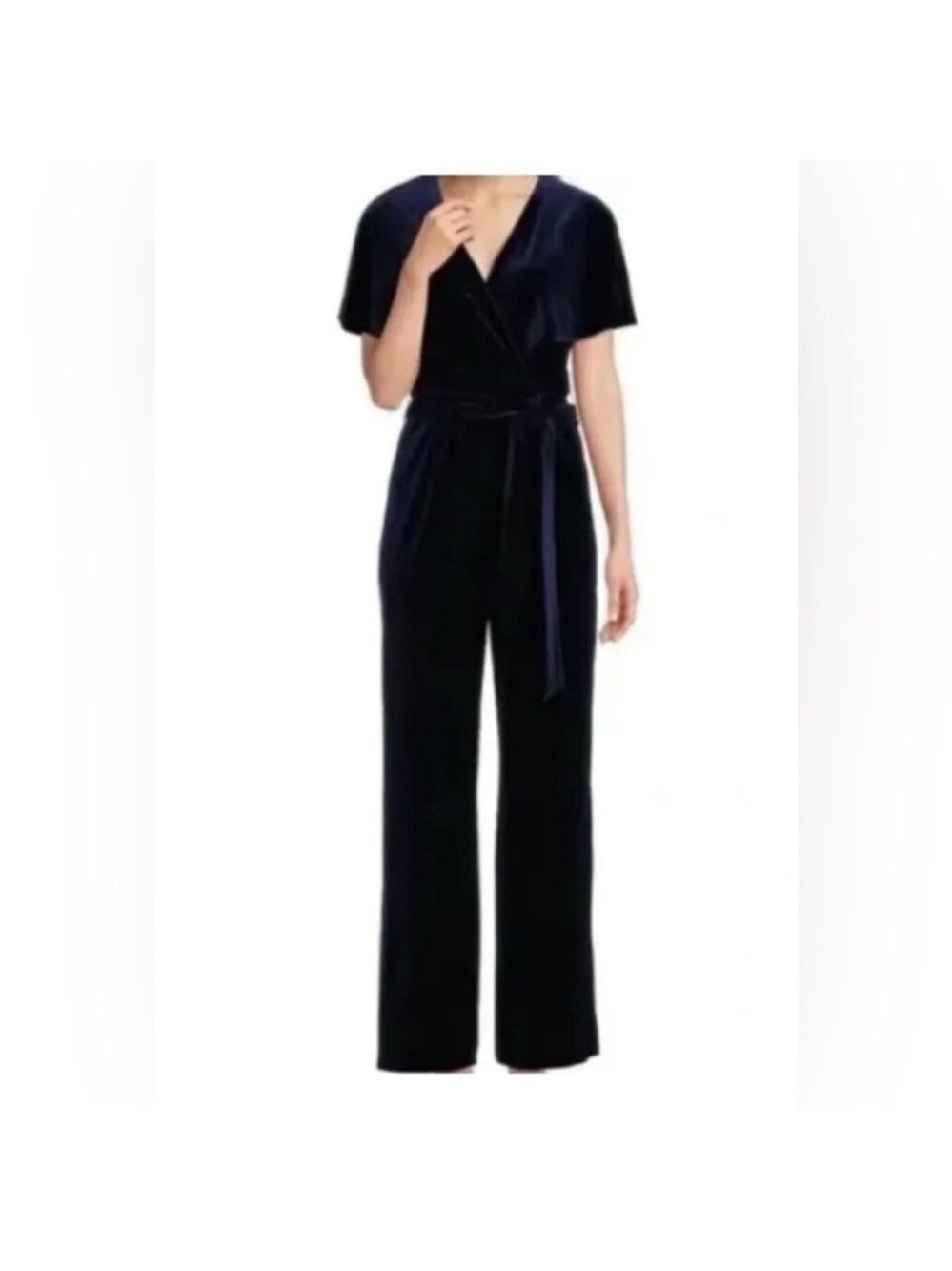 Alex Marie Navy Blue Velvet Belted Caped Jumpsuit Size 16